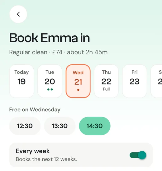 Booking Emma in on a free Wednesday slot, repeating every week