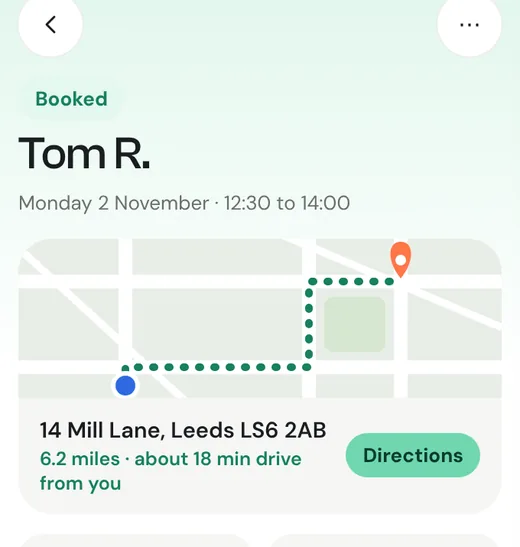 A booked job with the address, a map, drive time and a Directions button