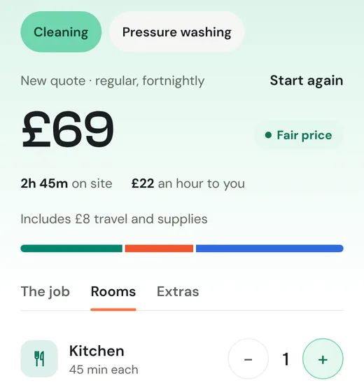 The Quote screen pricing a regular clean room by room at £69