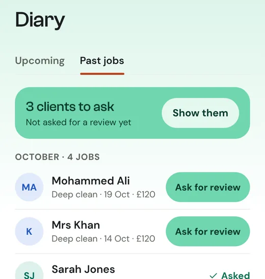 Past jobs, showing three clients not yet asked for a review