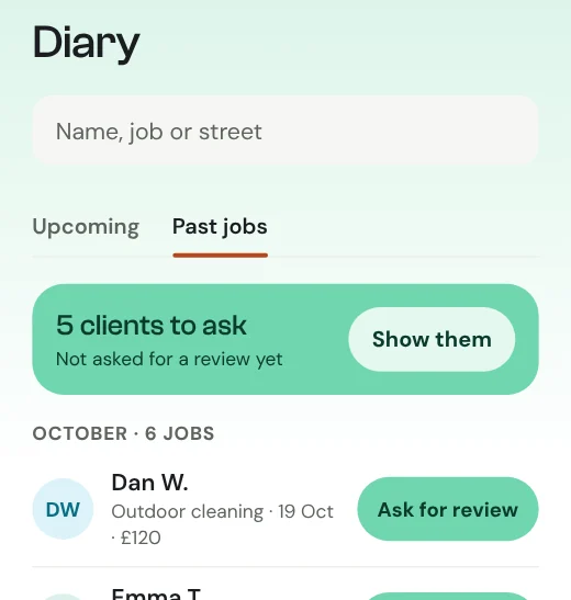 Past jobs, showing five clients not yet asked for a review